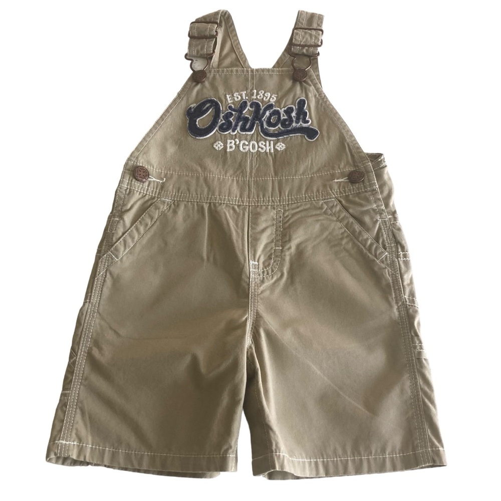 Oshkosh B’gosh Baby Boy Khaki Tan Overall Shorts Classic Logo Size 18M